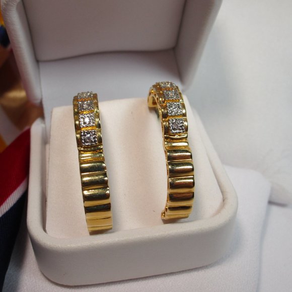 Rose Gold and Silver Tone/CZ Hinge Hoop Earrings - Picture 2 of 11